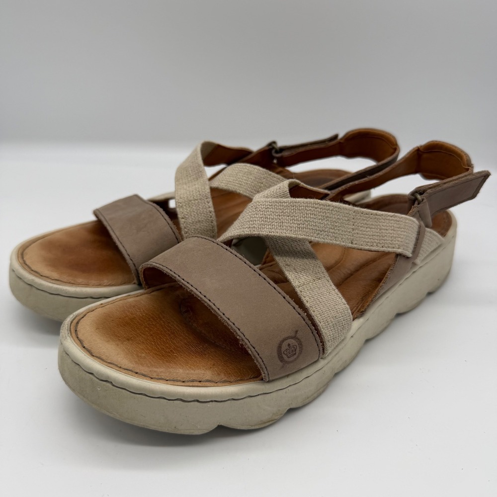 Born Womens Iwa Platform Sandals Taupe Brown Leather Elastic Straps 8M BR0002717